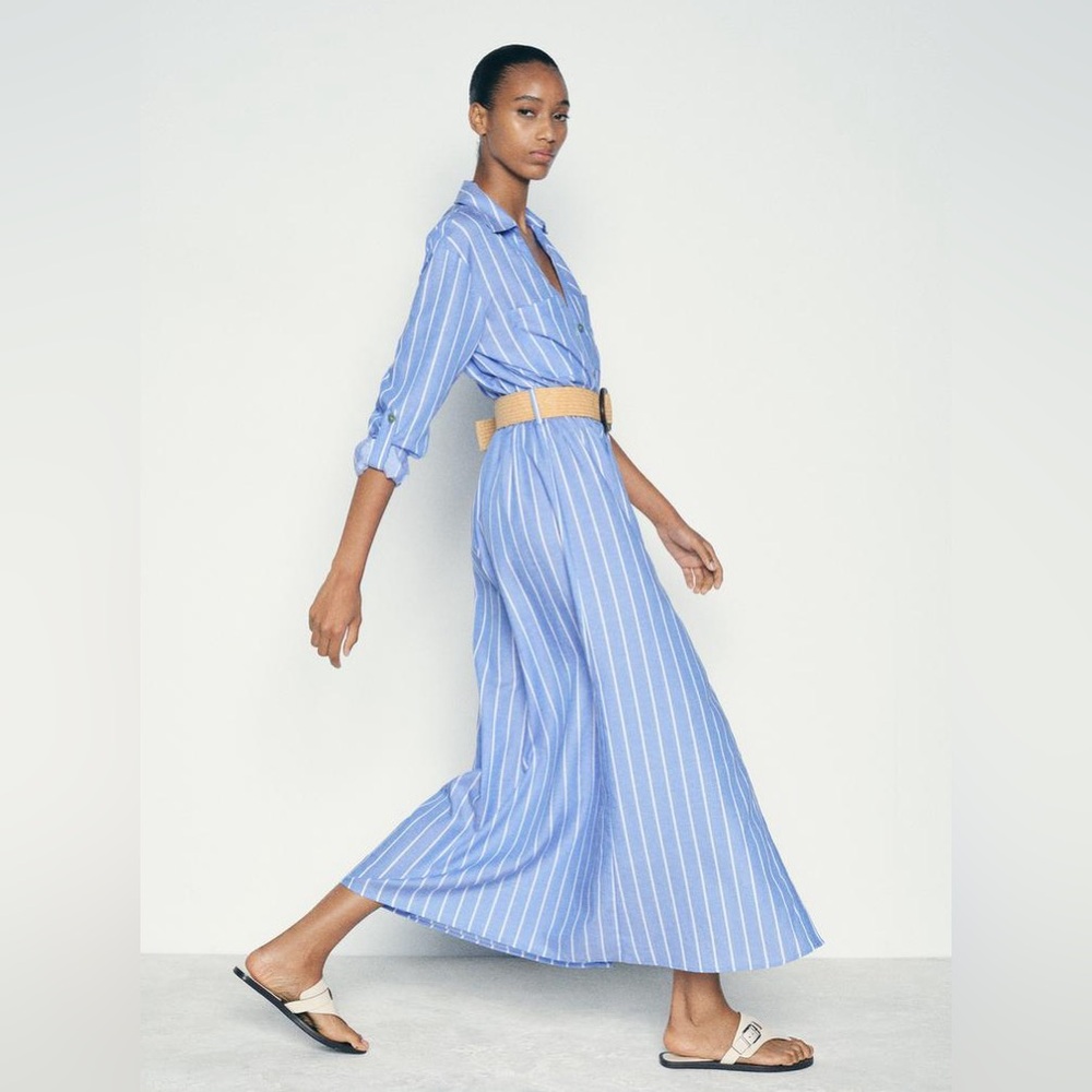 Zara Blue and White Striped Midi Shirt Dress - Picture 6 of 14
